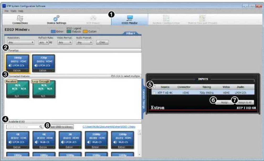 XTP System Configuration Software File Tools Help Connections Device Settings XTP Power EDID Minder EDID Minder + Edit Record Outputs Custom Resolutions: Refresh Rate: Video Format: Audio Format: Any Any Any Any Clear Favorites 1000p 65GHz HDMI LPCM-2Ch Extron 720p 65GHz HDMI LPCM-2Ch Extron Connected Outputs Ctrl click to select multiple Receiver Loop-through N/A N/A N/A N/A N/A N/A N/A Available EDID Add EDID to Library C:\Users\Public Documents\Extens\EDID Library 4K 4K 7K 1000p 1300p 83GHz HDMI 83GHz HDMI 83GHz HDMI 83GHz HDMI 83GHz HDMI 83GHz LPCM-2Ch LPCM-2Ch Mult-Ch Mult-Ch Extron Extron 1000p 1000p 1000p 1000p 1000p