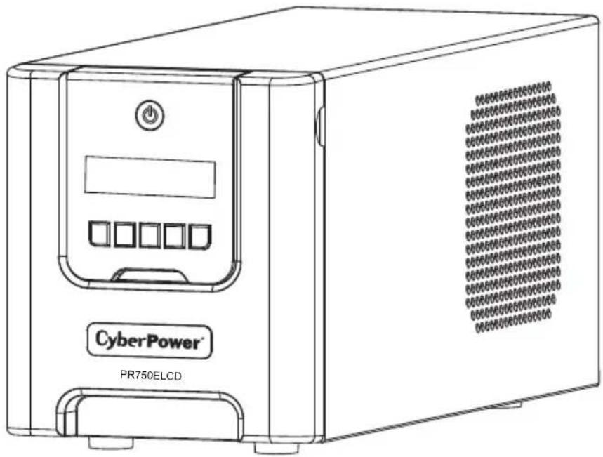 Line drawing of a CyberPower PR750ELCD industrial device with control panel and display (no text or symbols on the device itself)