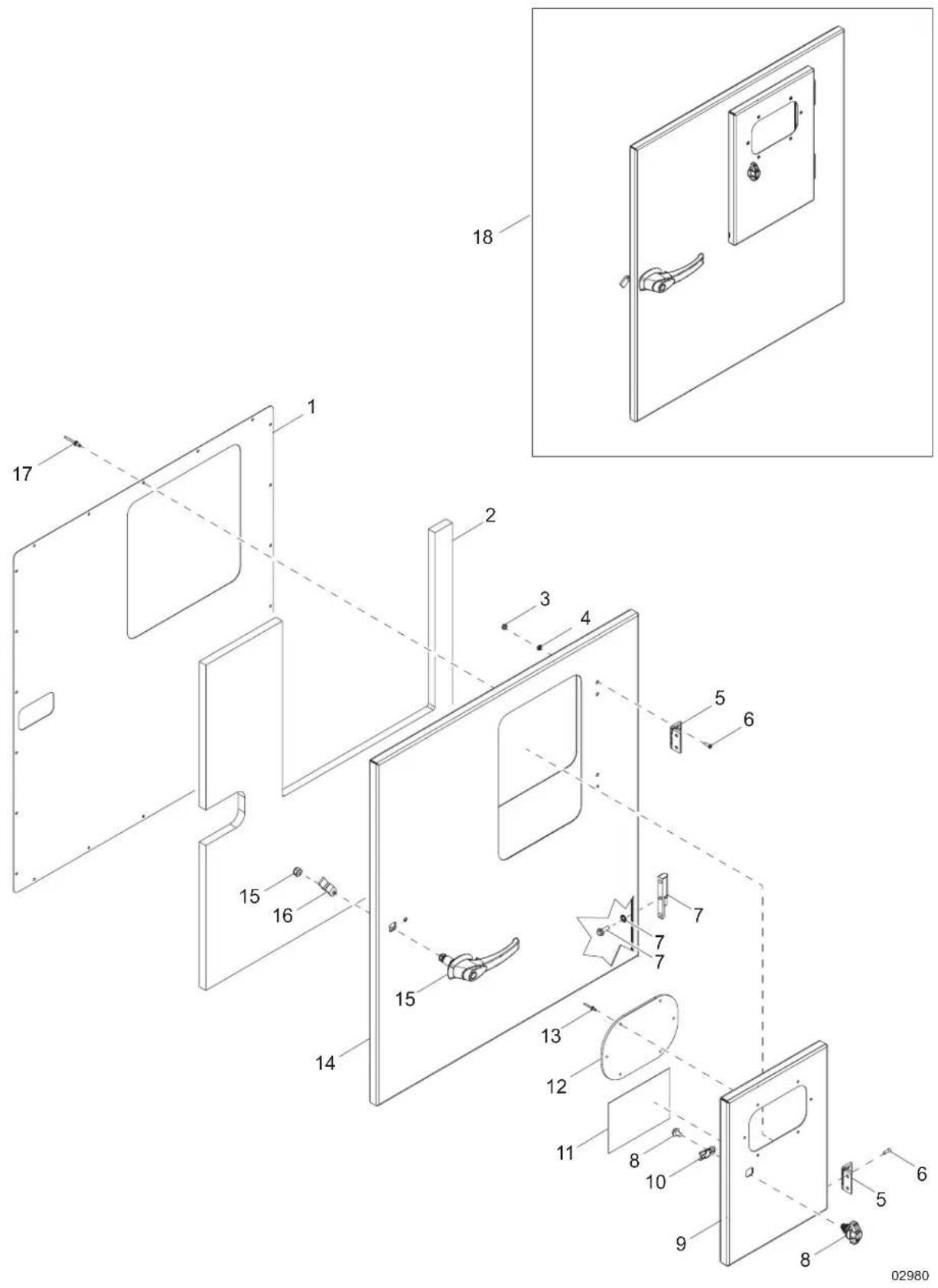 Technical diagram of a door assembly with numbered parts and exploded view, showing internal components and assembly steps.