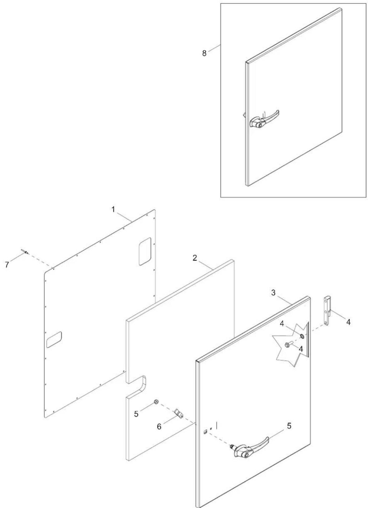 Technical diagram of a door assembly with numbered components and exploded view