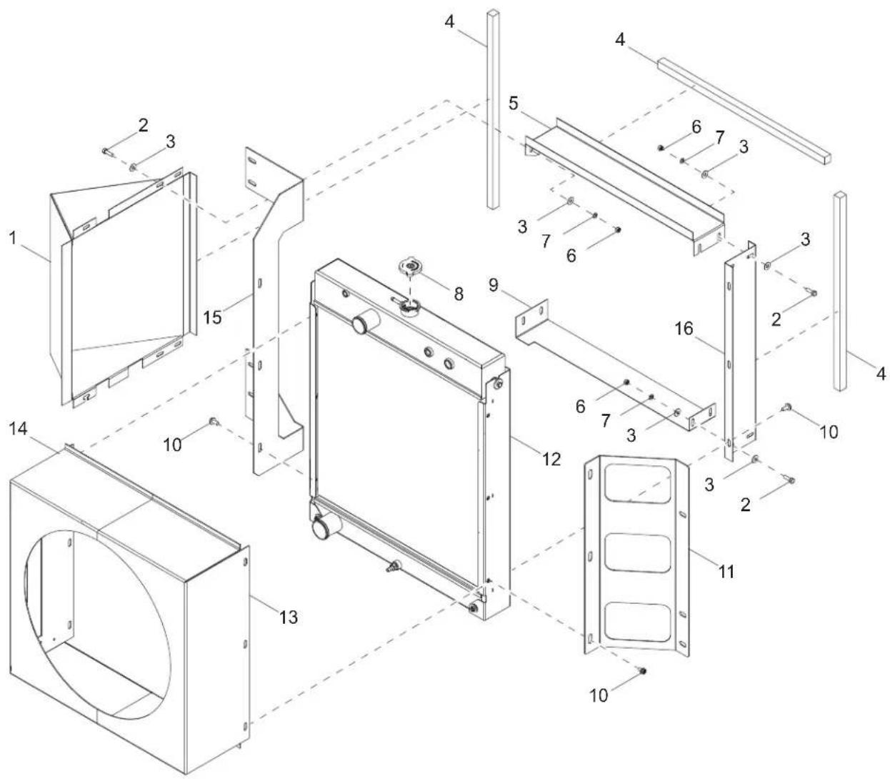 Technical diagram of a multi-panel air conditioner unit with numbered components and assembly lines