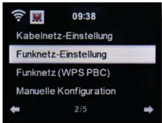 09:38 Kabelnetz-Einstellung Funknetz-Einstellung Funknetz (WPS PBC) Manuelle Konfiguration 2/5