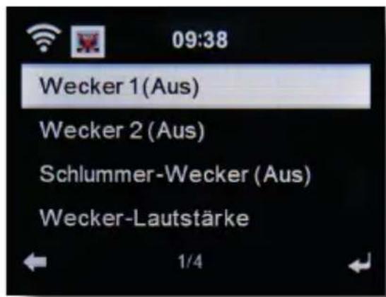 09:38 Wecker 1(Aus) Wecker 2 (Aus) Schlummer-Wecker (Aus) Wecker-Lautstärke 1/4