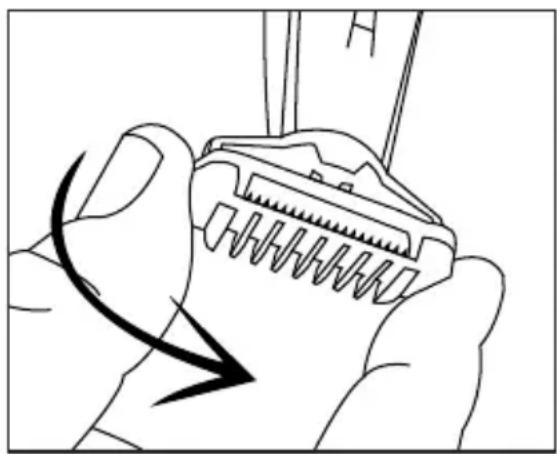 Line drawing of a hand holding a connector with a black arrow indicating rotation (no text or symbols)