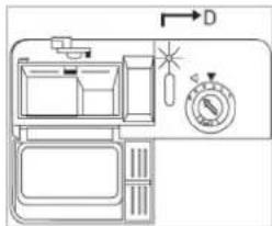 Diagram of a refrigerator with indicator lights and a stopwatch, showing directional arrow labeled D