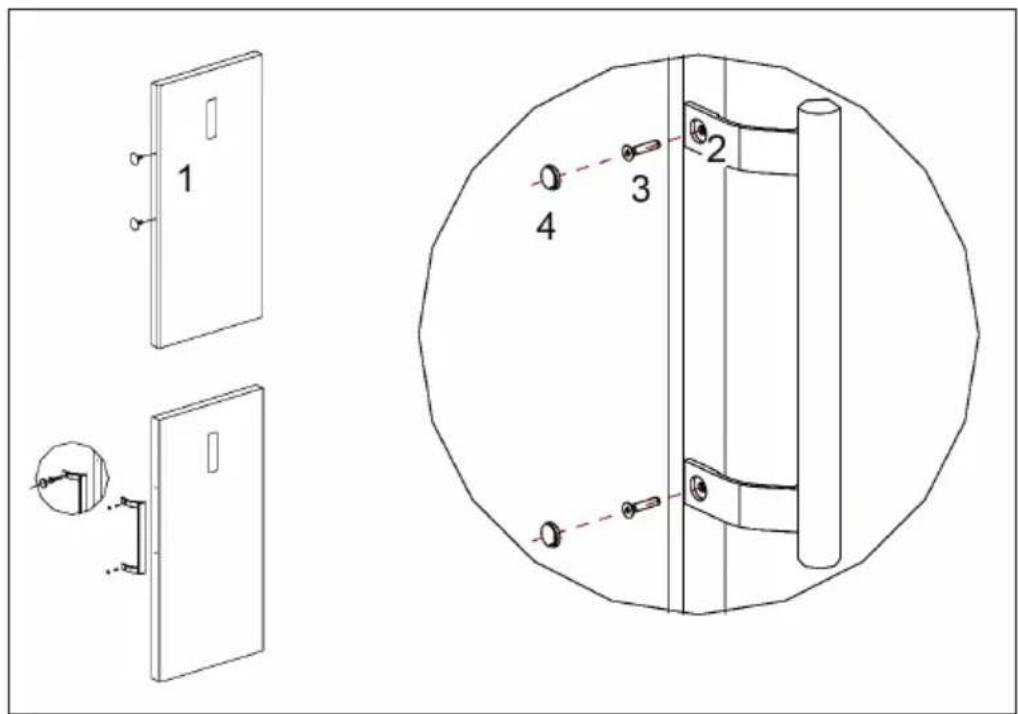 Technical diagram showing two views of a door panel with labeled parts and a circular component detail.