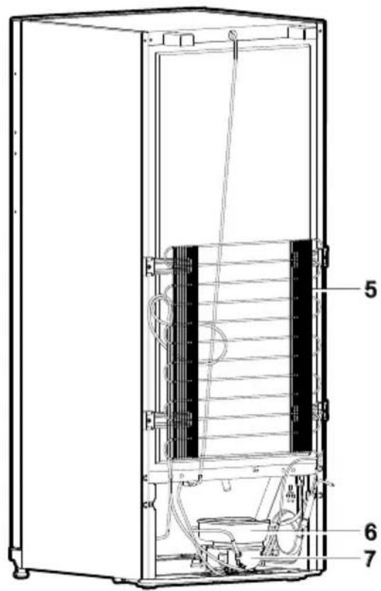 Technical diagram of an internal refrigerator with numbered parts labeled 5, 6, and 7