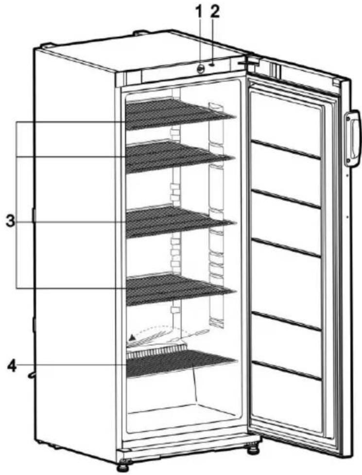 Technical diagram of an open refrigerator with labeled parts including doors, shelves, and doors with numbered annotations.
