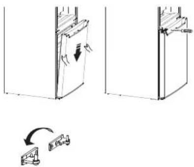 Diagram illustrating door hinge adjustment with a right-hand rule for lifting a small object, showing step-by-step assembly.