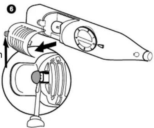 Technical diagram of a mechanical device with labeled parts and directional arrows indicating motion or assembly.
