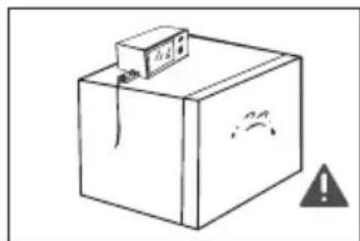 Diagram of a cardboard box with warning symbols indicating hazard or caution