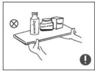 Illustration showing a hand holding a tray with a bottle, a jar, and a cross symbol, alongside a warning icon.