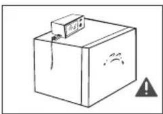 Diagram of a cardboard box with warning symbols and a warning sign, indicating hazard or caution.
