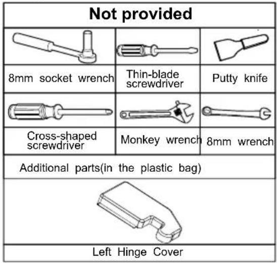 Not provided 8mm socket wrench Thin-blade screwdriver Putty knife Cross-shaped screwdriver Monkey wrench 8mm wrench Additional parts(in the plastic bag) Left Hinge Cover