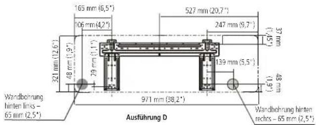 165 mm (6,5°) 106 mm (4,2°) 527 mm (20,7°) 247 mm (9,7°) 37 mm (1,45°) (1,1°) (6,7°) 84 mm (1,6°) 139 mm (5,5°) 48 mm (1,9°) 971 mm (38,2°) Wandbohrung hinten links - 65 mm (2,5°) Ausführung D Wandbohrung hinten rechts - 65 mm (2,5°)