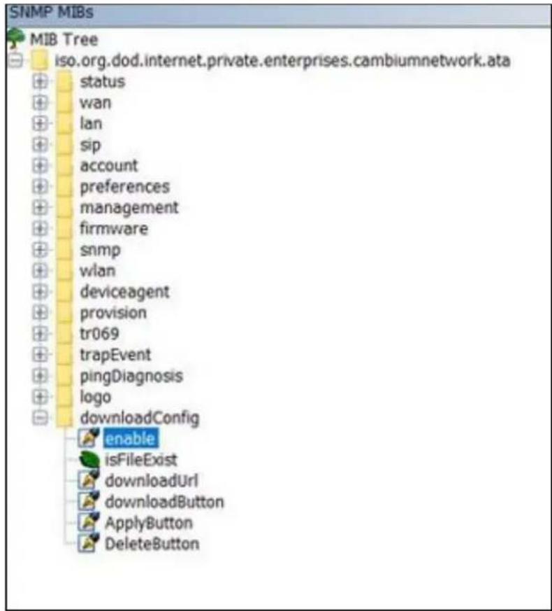 SNMP MIBs MIB Tree iso.org.dod.internet.private.enterprises.cambiumnetwork.ata status wan lan sip account preferences management firmware snmp wlan deviceagent provision tr069 trapEvent pingDiagnosis logo downloadConfig enable isFileExist downloadUrl downloadButton ApplyButton DeleteButton