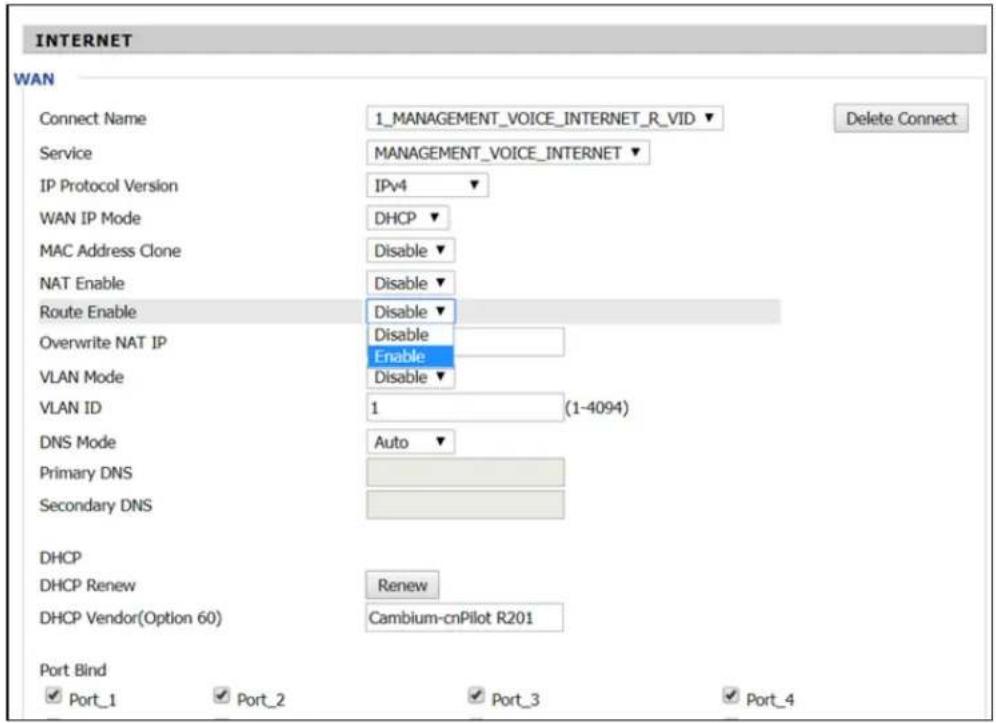INTERNET WAN Connect Name 1_MANAGEMENT_VOICE_INTERNET_R_VID Delete Connect Service MANAGEMENT_VOICE_INTERNET IP Protocol Version IPv4 WAN IP Mode DHCP MAC Address Clone Disable NAT Enable Disable Route Enable Disable Overwrite NAT IP Disable VLAN Mode Disable VLAN ID 1 (1-4094) DNS Mode Auto Primary…