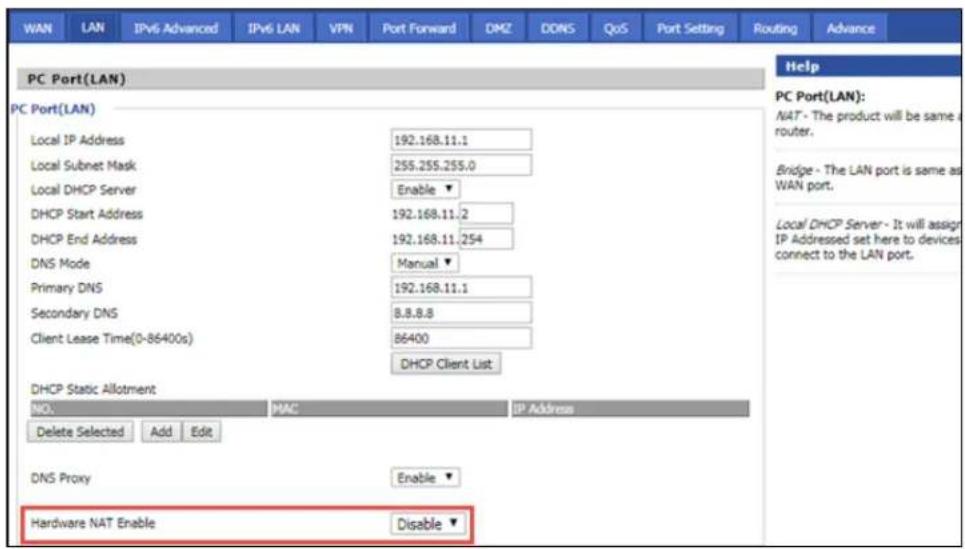 WAN LAN IPv6 Advanced IPv6 LAN VPN Port Forward DMZ DONS QoS Port Setting Routing Advance PC Port(LAN) PC Port(LAN) Local IP Address 192.168.11.1 Local Subnet Mask 255.255.255.0 Local DHCP Server Enable ▼ DHCP Start Address 192.168.11.2 DHCP End Address 192.168.11.254 DNS Mode Manual ▼ Primary DNS 1…
