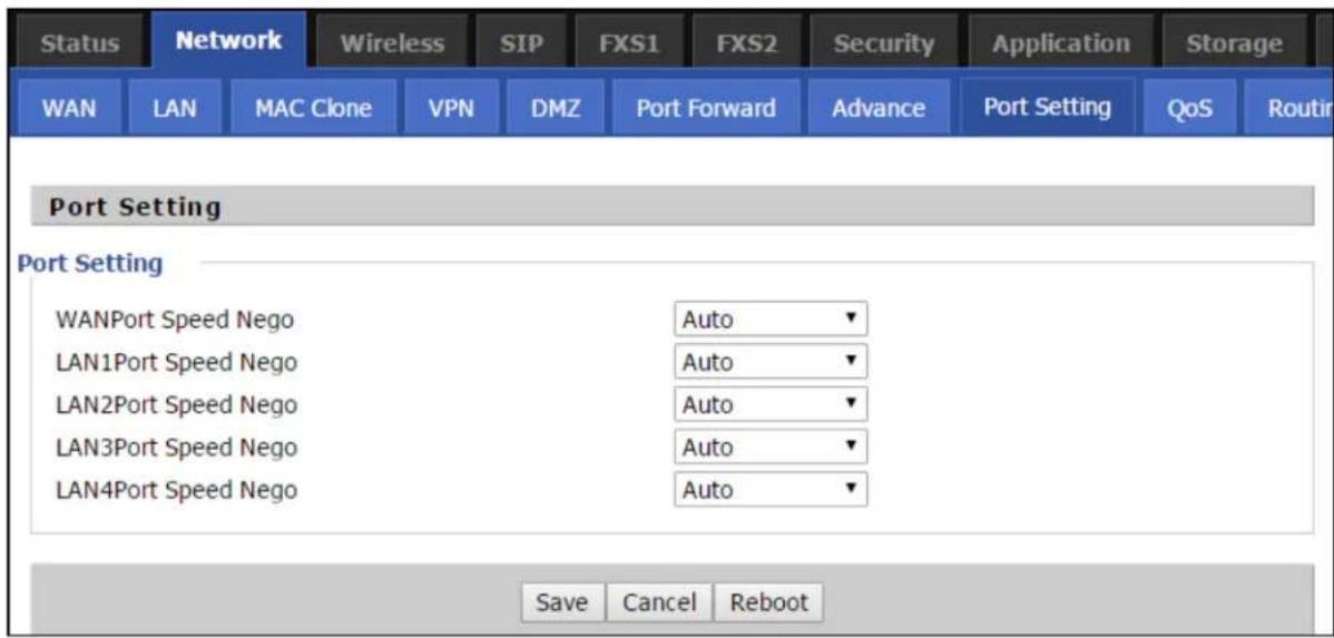 Status Network Wireless SIP FXS1 FXS2 Security Application Storage WAN LAN MAC Clone VPN DMZ Port Forward Advance Port Setting QoS Routir Port Setting Port Setting WANPort Speed Nego Auto ▼ LAN1Port Speed Nego Auto ▼ LAN2Port Speed Nego Auto ▼ LAN3Port Speed Nego Auto ▼ LAN4Port Speed Nego Auto ▼ Sa…