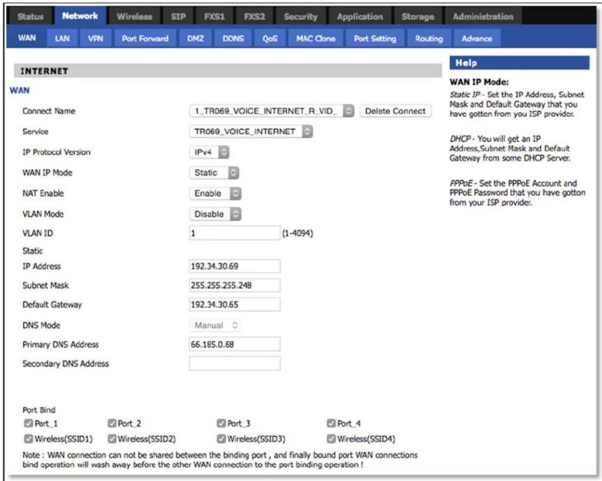 Status Network Wireless SIP FXS1 FXS2 Security Application Storage Administration WAN LAN VPN Port Forward DMZ DDNS QoS MAC Clone Port Setting Routing Advance INTERNET WAN Connect Name 1_TR069_VOICE_INTERNET_R_VID_ Delete Connect Service TR069_VOICE_INTERNET IP Protocol Version IPv4 WAN IP Mode Stat…