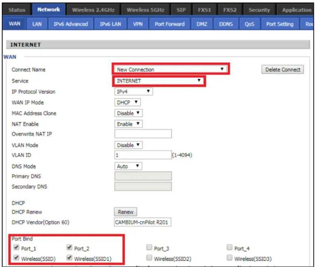 Status Network Wireless 2.4GHz Wireless 5GHz SIP FXS1 FXS2 Security Application WAN LAN IPv6 Advanced IPv6 LAN VPN Port Forward DMZ DDNS QoS Port Setting Rx INTERNET WAN Connect Name New Connection Delete Connect Service INTERNET IP Protocol Version IPv4 DHCP MAC Address Clone Disable NAT Enable Ena…