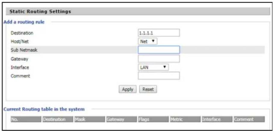 Static Routing Settings Add a routing rule Destination 1.1.1.1 Host/Net Net ▼ Sub Netmask Gateway Interface LAN ▼ Comment Apply Reset Current Routing table in the system No. Destination Mask Gateway Flags Metric Interface Comment