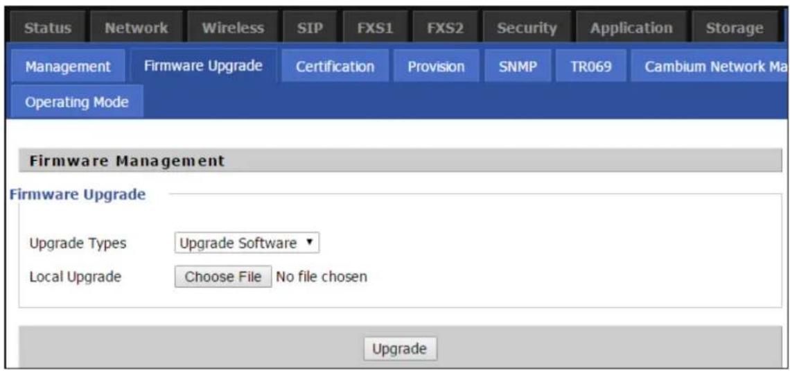 Status Network Wireless SIP FXS1 FXS2 Security Application Storage Management Firmware Upgrade Certification Provision SNMP TR069 Cambium Network Ma Operating Mode Firmware Management Firmware Upgrade Upgrade Types Upgrade Software ▼ Local Upgrade Choose File No file chosen Upgrade