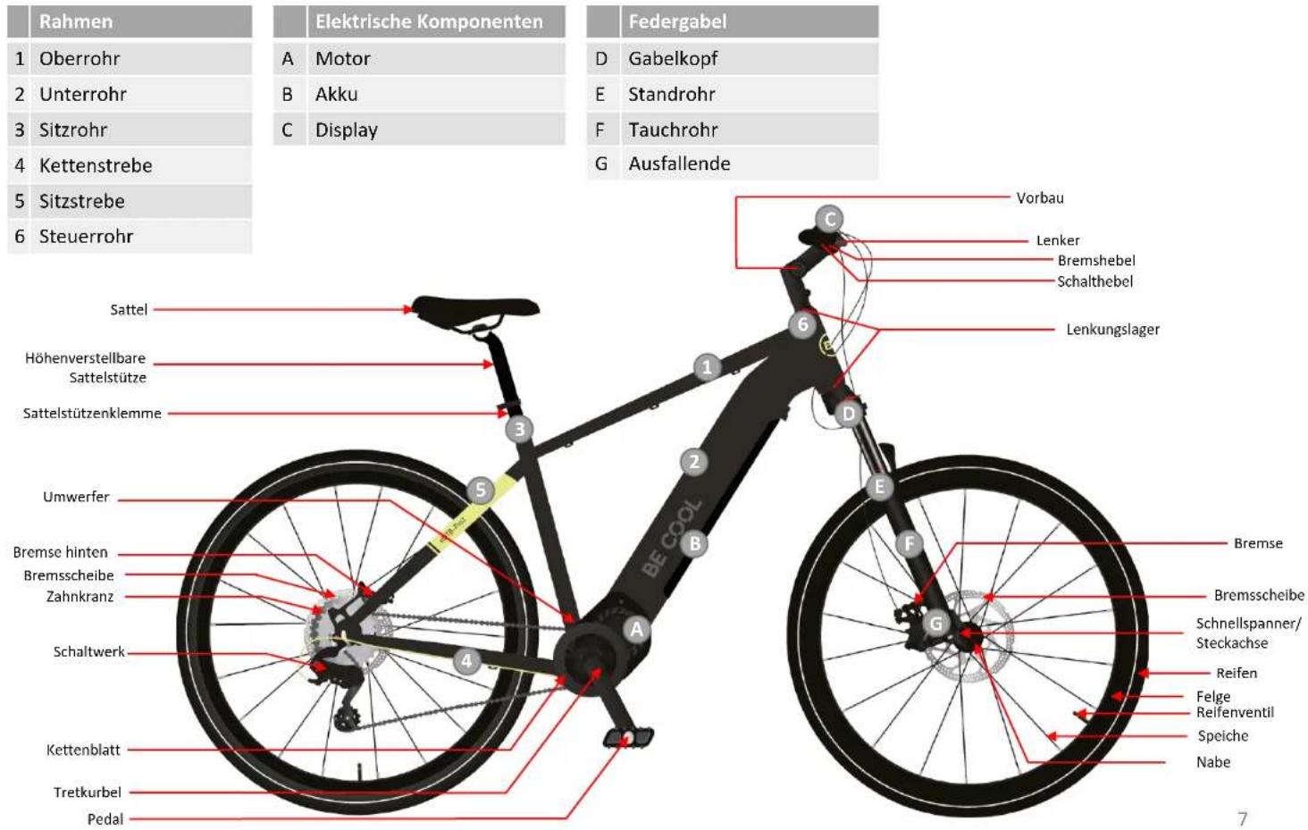 Rahmen Elektrische Komponenten Federgabel 1 Oberrohr A Motor D Gabelkopf 2 Unterrohr B Akku E Standrohr 3 Sitzrohr C Display F Tauchrohr 4 Kettenstrebe G Ausfallende 5 Sitzstrebe 6 Steuerrohr Sattel Höhenverstellbare Sattelstütze Sattelstützenklemme Umwerrfer Bremse hinten Bremsscheibe Zahnkranz Schaltwerk Kettenblatt Tretkurbel Pedal Vorbau Lenker Bremshebel Schalthebel Lenkungslager Bremse Bremsscheibe Schnellspanner/ Steckachse Reifen Felge Reifenventil Speiche Nabe 7
