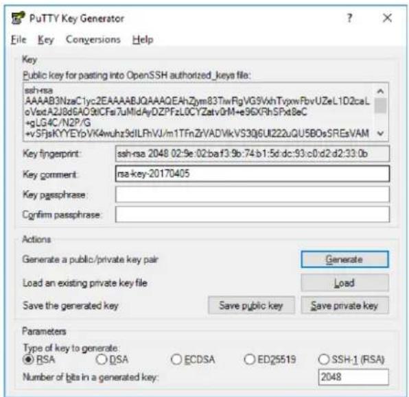 PuTTY Key Generator File Key Conversions Help Key Public key for pasting into OpenSSH authorized_keys file: ssh=ssa AAAAB3NzaC1yc2EAAAAABJQAAAGEAhZym83TfwRgVG9VxhTypwFbvUZeL1D2caL oVsdA2J8d6AO9tCFs7uMldAyDZPFzL0CYZatv0rM+e96XRhSPxt8eC +qLG4C/N2P/G +VSfsKYYEYpVK4wuhz9dILRhVJ/m1TFnZrVADVlkVS30gUl222uQU5BOsSREsVAM Key fingerprint: ssh=ssa 2048 02:9e:02:ba13:9b:74:b1:5d:dc:93:c0:d2:d2:33:0b Key comment: rsa-key-20170405 Key passphrase: Cgrfim passphrase: Actions Generate a public/private key pair Generate Load an existing private key file Load Save the generated key Save public key Save private key Parameters Type of key to generate: ● RSA ○DSA ○ ECDSA ○ED25519 ○SSH-1 (RSA) Number of bits in a generated key: 2048