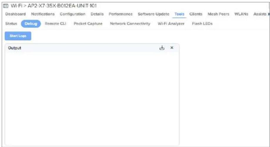 Wi-Fi > AP2-X7-35X-B012EA-UNIT-101 Dashboard Notifications Configuration Details Performance Software Update Tools Clients Mesh Peers WLANs Assists Status Debug Remote CLI Pocket Capture Network Connectivity Wi-Fi Analyzer Flash LEDs Start Logs Output