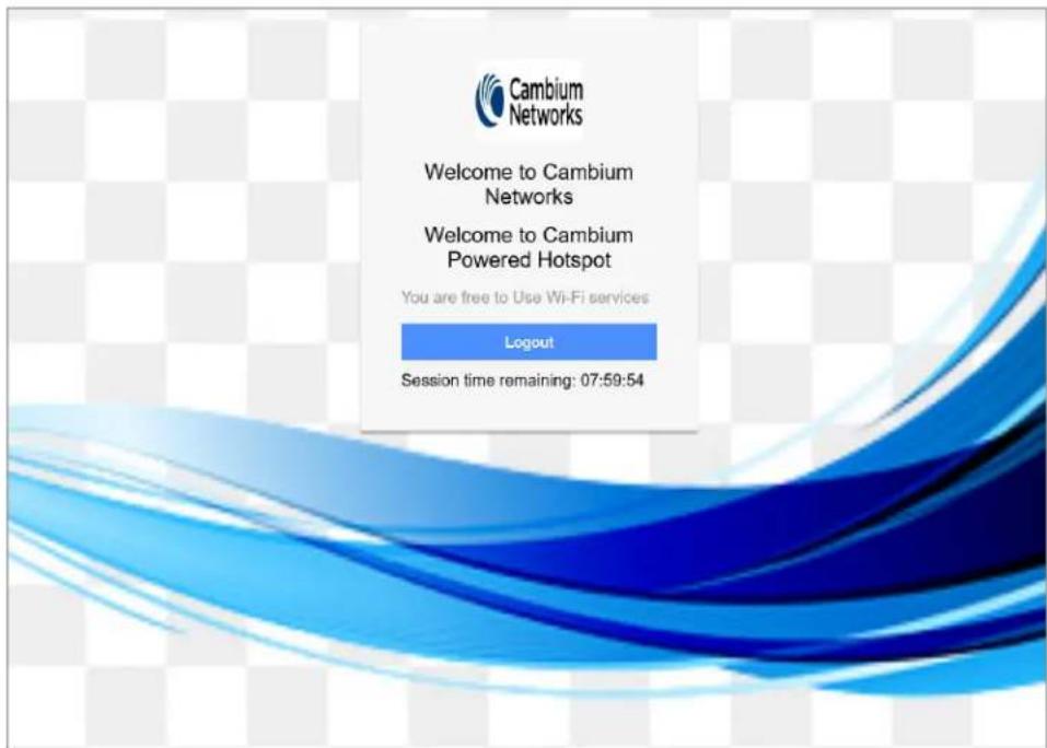 Cambium Networks Welcome to Cambium Networks Welcome to Cambium Powered Hotspot You are free to Use Wi-Fi services Logout Session time remaining: 07:59:54