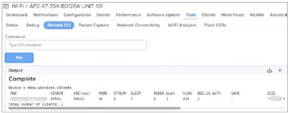 Wi-Fi > AP2-X7-35X-B012EA-UNIT-101 Dashboard Notifications Configuration Details Performance Software Update Tools Clients Mesh Peers WLANs Assists X Status Debug Remote CLI Packet Capture Network Connectivity Wi-Fi Analyzer Flash LEDs Command Type CLI command Run Output Complete Device > show wireless clients MAC VENDOR AGE(sec) MODE STREAM SLEEP RADIO LAN VLAN 882.11-AUTH NAME SSID Intel 50229 ac 1 n 2 1 151 y - 1* 3-4 Total number of clients: 1