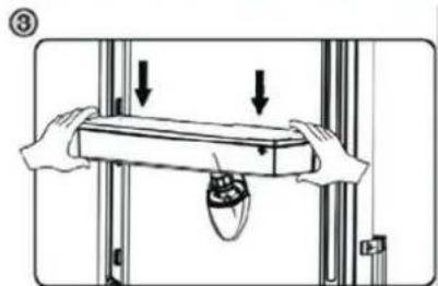 Diagram showing hands holding a tray with arrows indicating downward motion, possibly illustrating a mechanical or electrical setup.