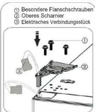 ① Besondere Flanschschrauben ② Oberes Scharnier ③ Elektrisches Verbindungsstück