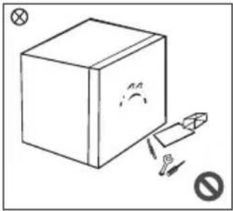 Diagram showing a cube with a magnified view and directional arrows, including a prohibition symbol