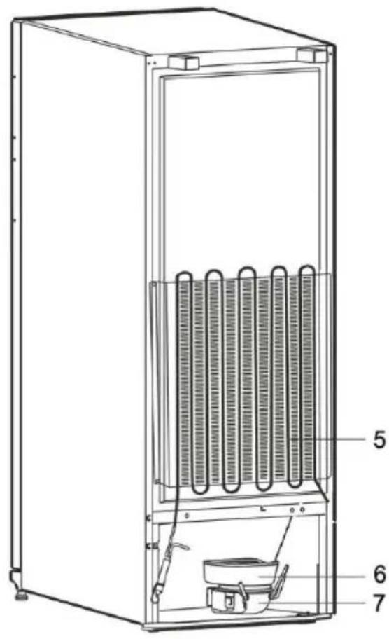 Technical diagram of an internal refrigerator with labeled parts including cooling unit, evaporator, and stove