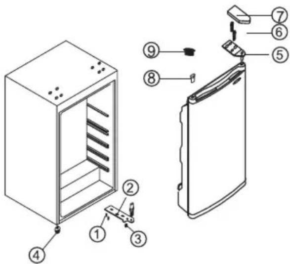 Technical diagram of a refrigerator with numbered parts for identification and assembly reference.