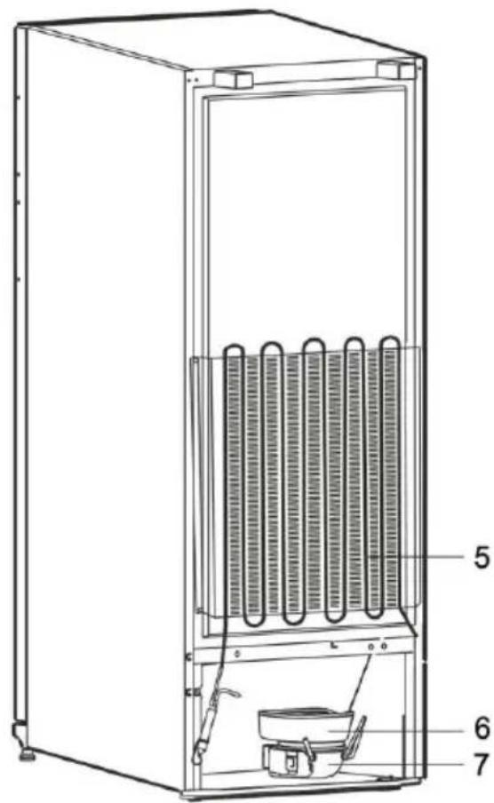 Technical diagram of a refrigerator internal structure with numbered components labeled 5, 6, and 7