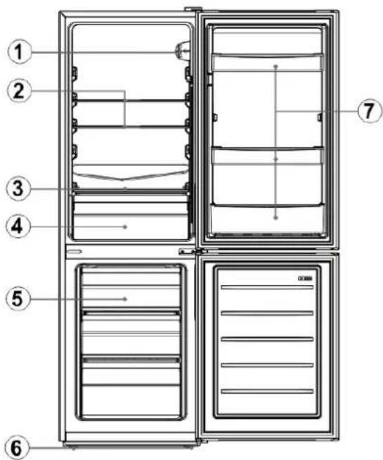 Technical diagram of a refrigerator with numbered parts for identification and assembly reference.