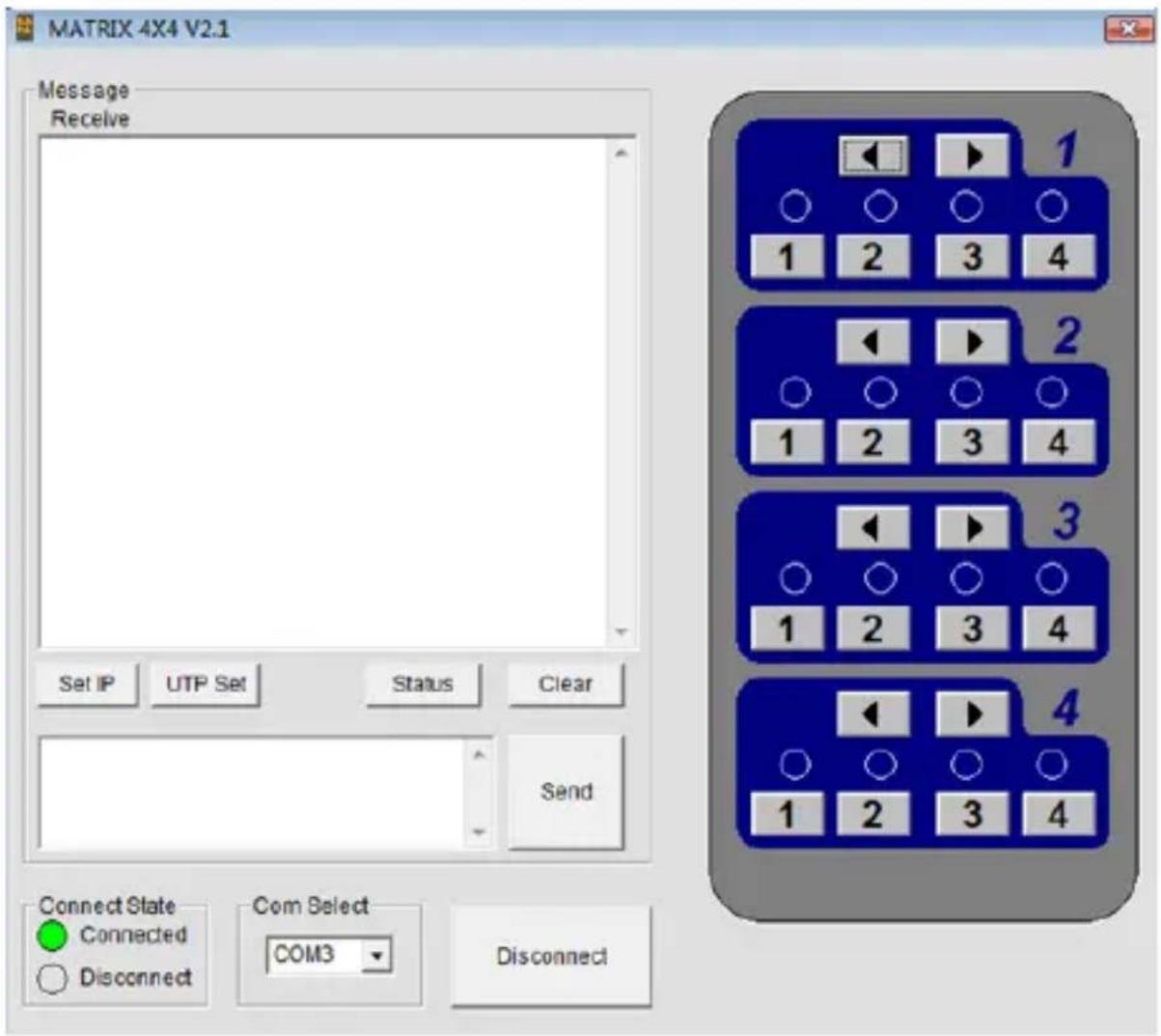 MATRIX 4X4 V2.1 Message Receive Set IP UTP Set Status Clear Send Connect State Connected Disconnect Com Select COM3 Disconnect