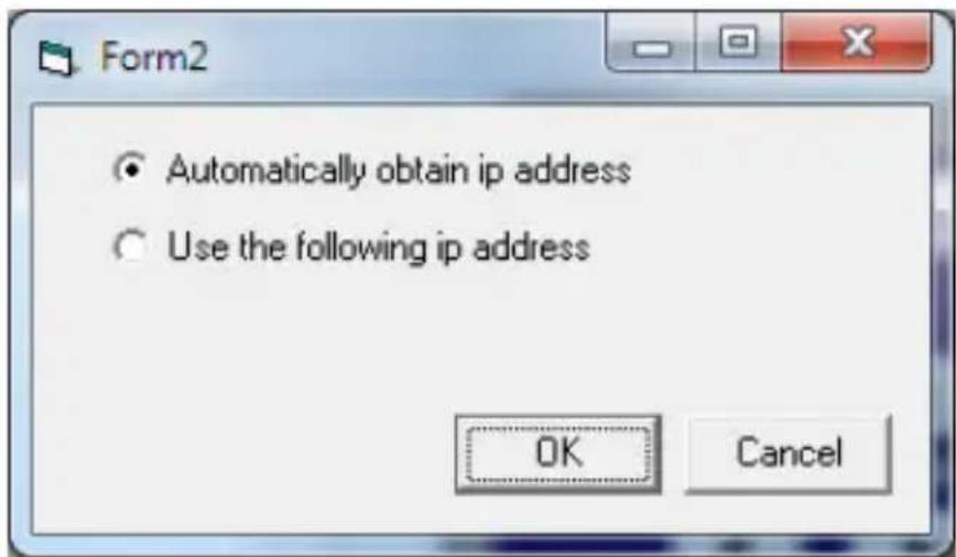 Form2 • Automatically obtain ip address • Use the following ip address OK Cancel