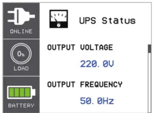 ONLINE 0% LAST BATTERIE USV-Status AUSGANGSSPANNUNG 220,0V AUSGANGSFREQUENZ 50,0Hz
