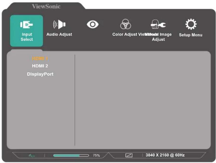 ViewSonic Input Select Audio Adjust Color Adjust View Image Adjust Setup Menu HDMI 1 HDMI 2 DisplayPort 75% 3840 X 2160 @ 60Hz