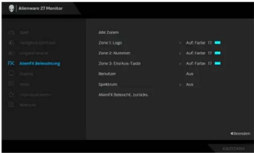 Alienware 27 Monitor Spot Design/Uncontact Engineer-Quote AlienFX Beleuchtung Display Menu Vividuapitalwerte Weekends Alle Zonen Zone 1: Logo Zone 2: Nummer Zone 3: Ein/Aus-Taste Benutzer Spektrum AlienFX Beleucht, zurücks. Auf: Farbe 17 Auf: Farbe 17 Auf: Farbe 17 Aus Aus Beenden AWZT40M