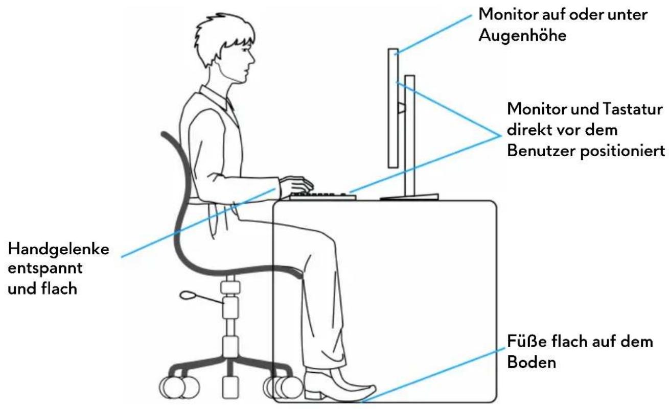 Monitor auf oder unter Augenhöhe Monitor und Tastatur direkt vor dem Benutzer positioniert Handgelenke entspannt und flach Füße flach auf dem Boden