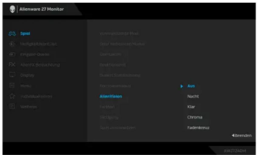 Alienware 27 Monitor Spiel Helligkeitkontroll Fingabe-Queue AlienFX behuchung Display Menu Individualszeni Welteres Vorenkapazierite Mod Spil/verbesondere Modus Obertaken Reaktionszeit Bunkel Statusisierung Kortzoeinbezins AlienVision Farbton Sachsgeny Spil fassieserzien Aus Nacht Klar Chroma Fadenkreuz Beenden AW2724DM