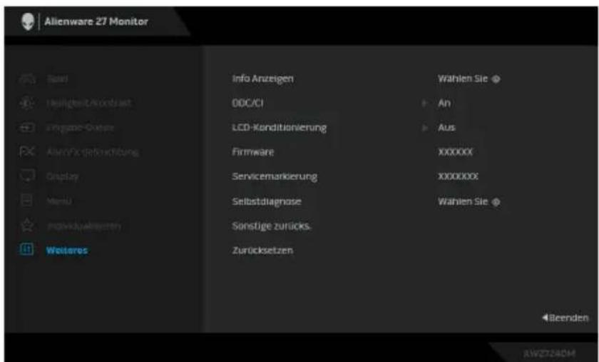 Alienware 27 Monitor Band Heiligke/Unordlast Singabe-Outras AlienFx-Gefrechnung Display Menu Prokspurwirneten Weiteres Info Anzeigen DDC/CI LCD-Konditionierung Firmware Servicemarkierung Selbstdiagnose Sonstige zurücks. Zurücksetzen Wahlen Sie An Aus XXXXXX XXXXXXX Wahlen Sie Beenden