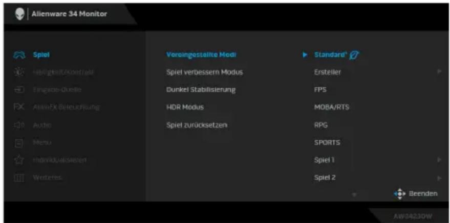 Alienware 34 Monitor Spiel Hölligkeit/LiKontrakt Fingarose-Quelle AimareX Bieleuhrung Audio Menu Individualisieren Westerles Voreingestellte Modi Spiel verbessern Modus Dunkel Stabilisierung HDR Modus Spiel zurücksetzen Standard® Ersteller FPS MOBA/RTS RPG SPORTS Spiel 1 Spiel 2 Beenden AW34230W