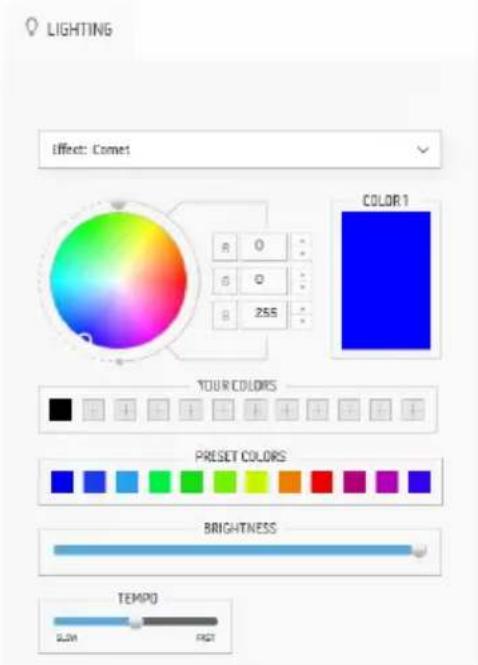 LIGHTING Effect: Comet COLOR 1 YOUR COLORS PRESET COLORS BRIGHTNESS TEMP0 SLOW FAST