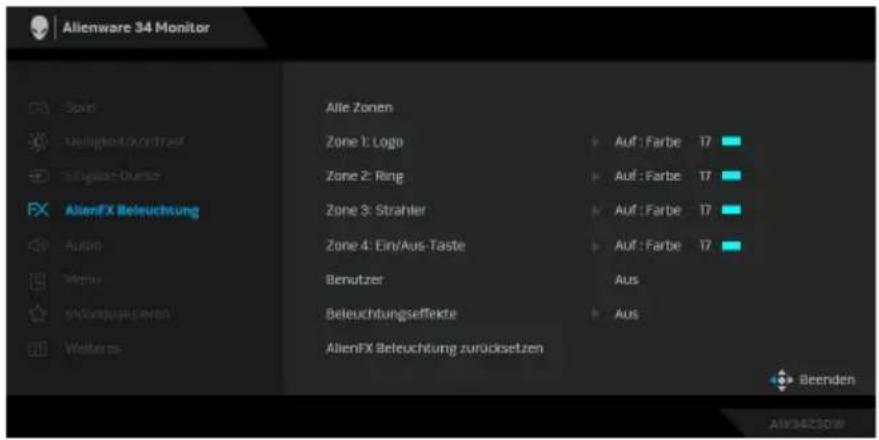 Alienware 34 Monitor Spot Negligkeit vontrast Integator Ours FX Alien/FX Beleuchtung Ausfu Venue Individuyschinen Welter es Alle Zonen Zone 1: Logo Zone 2: Ring Zone 3: Strahler Zone 4: Ein/Aus-Taste Benutzer Beleuchtungseffekte AlienFX Beleuchtung zurücksetzen Auf : Farbe 17 Auf : Farbe 17 Auf : Farbe 17 Auf : Farbe 17 Aus Aus Beenden Alien34250W